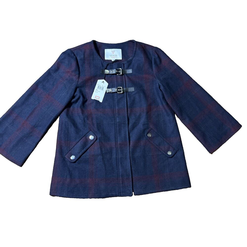 GUESS Nightfall Evanna Cape Jacket Blue Red Buckle Coat NWT Women’s Med Nwt